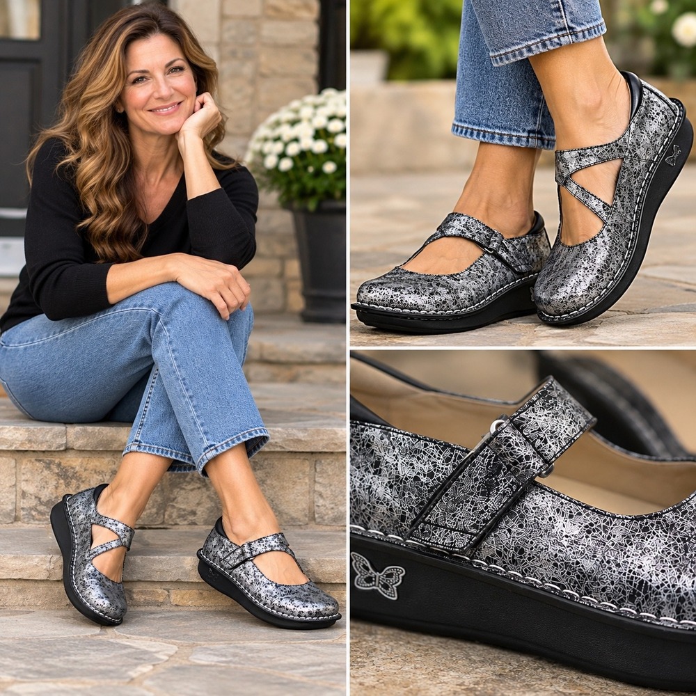 Alegria Dayna Silver Metallic Cracked Leather Mary Jane Shoes EU 39 US 9 DAY-735